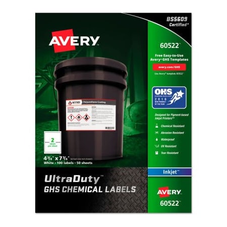 Avery Dennison Avery GHS Chemical Waterproof & UV Resistent Labels, Inkjet, 4-3/4in x 7-3/4in, 100/Pack 60522